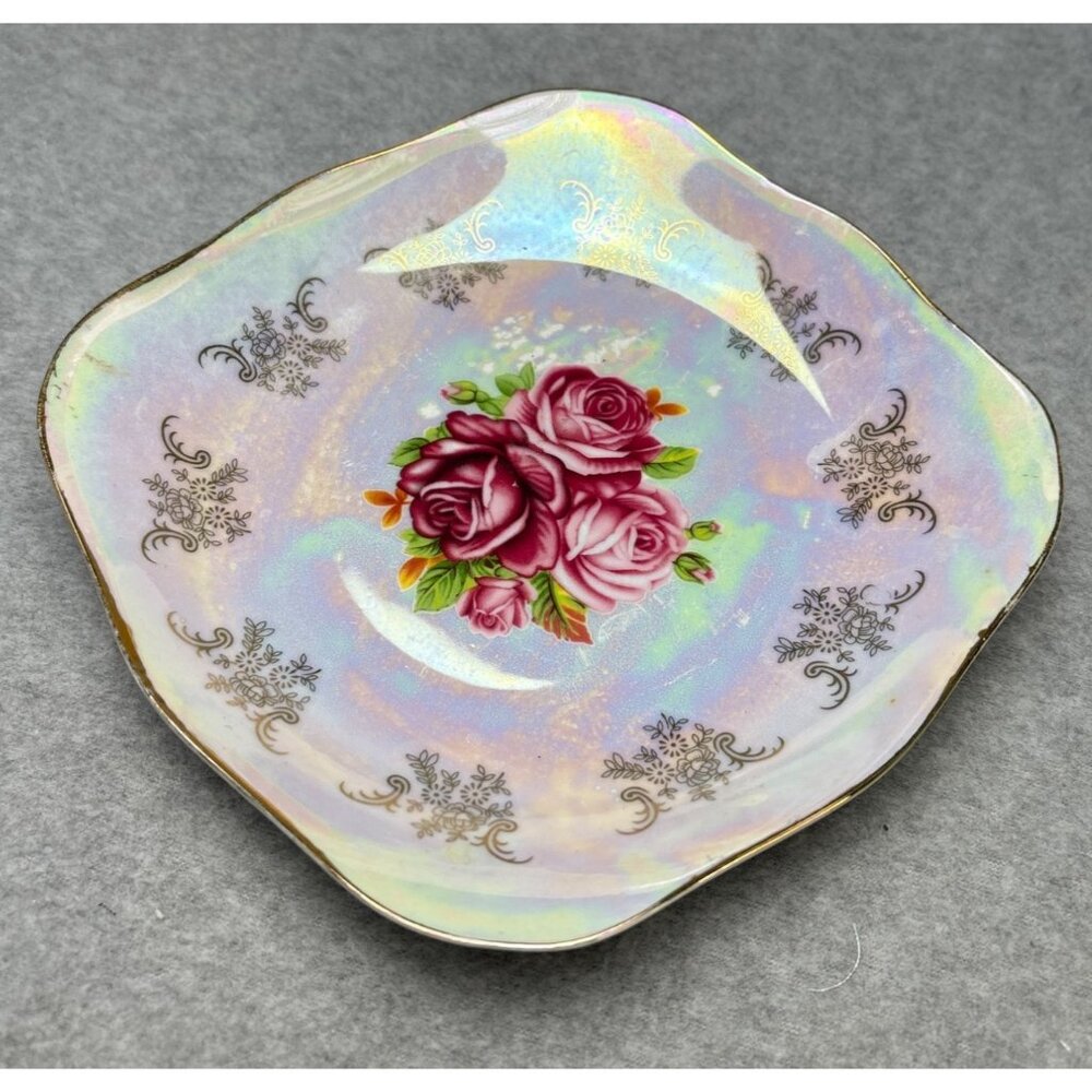 Vintage Gold Coast Iridescent Pearl Lusterware Salad Plate with 7" Pink Rose Des